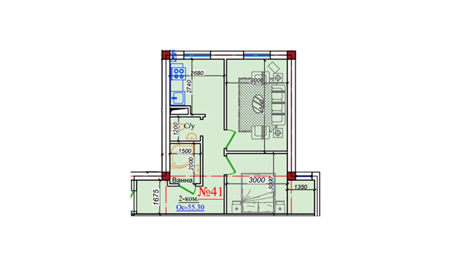 2-xonali xonadon 55.3 m²  1/9 qavat | ZAR ZAMONAVIY UYLAR Turar-joy majmuasi