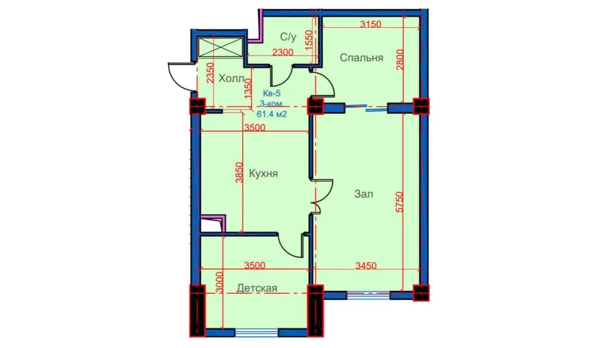 3-комнатная квартира 61.4 м²  1/12 этаж | Жилой комплекс Sokin city