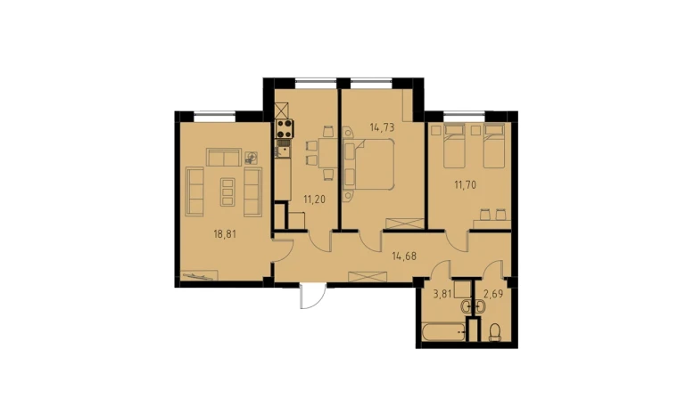 3-xonali xonadon 77.63 m²  9/9 qavat | MINGCHINOR Turar-joy majmuasi