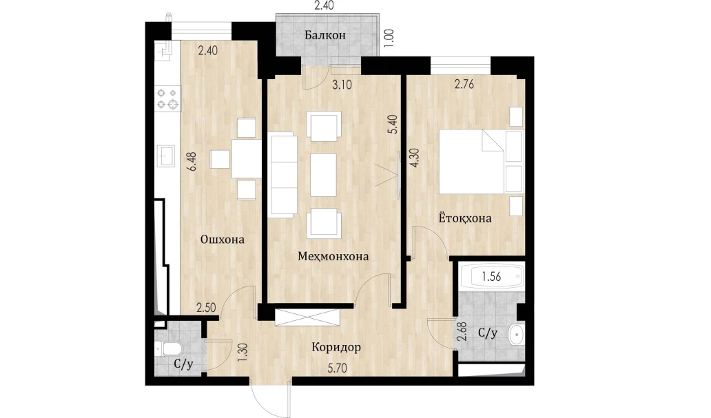 2-xonali xonadon 62.4 m²  2/10 qavat | Ko'kcha-Oqtepa Turar-joy majmuasi