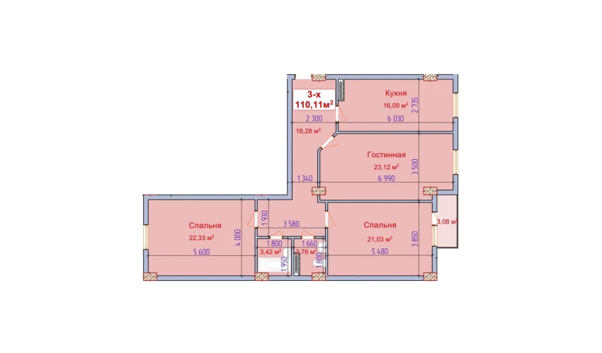 3-комнатная квартира 110.11 м²  9/9 этаж | Жилой комплекс SHAYX-UL OLAM