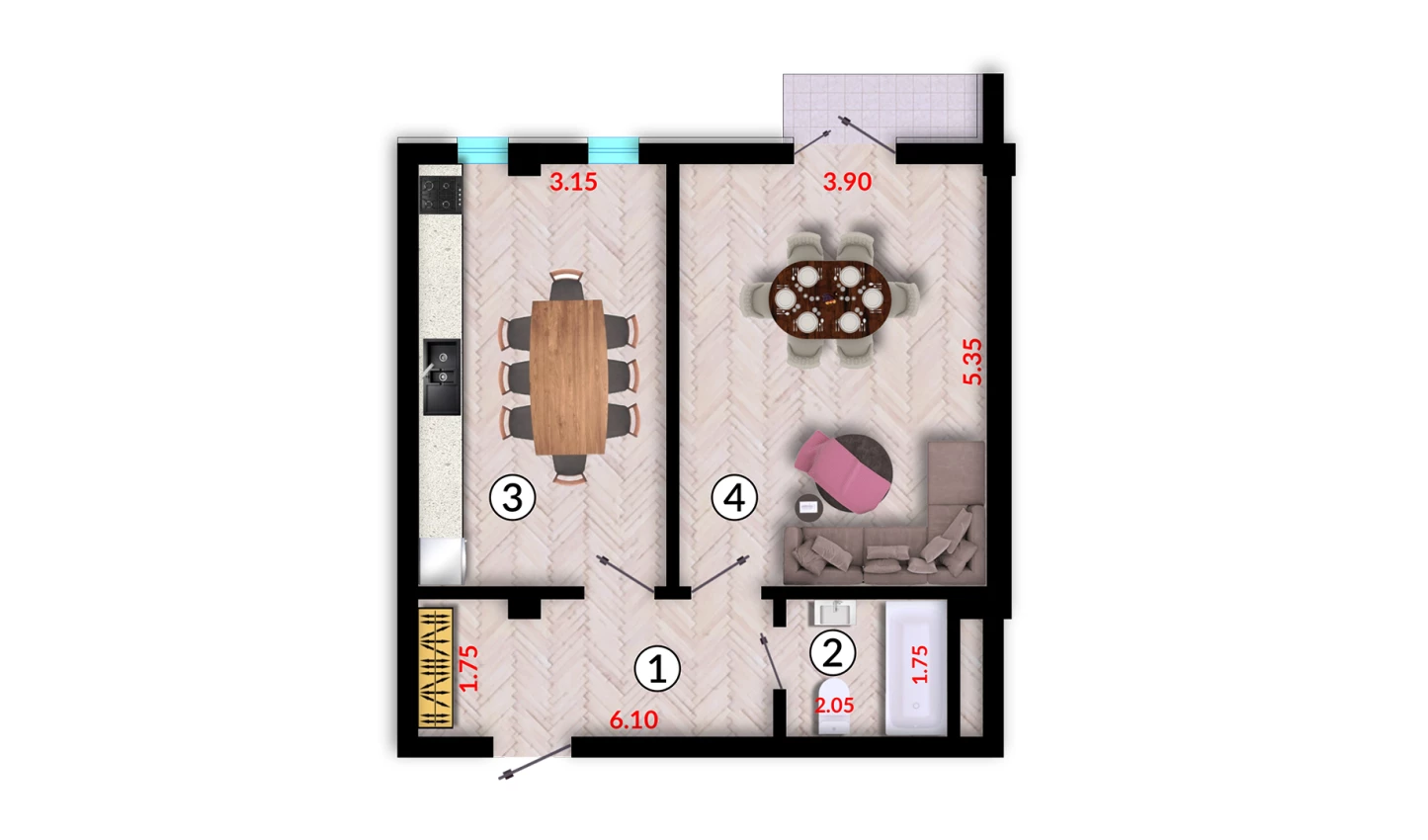 1-xonali xonadon 52.1 m²  4/10 qavat | Ko'kcha-Oqtepa Turar-joy majmuasi