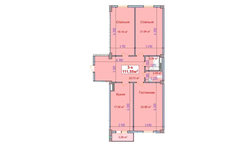 3-xonali xonadon 111.55 m²  5/9 qavat | SHAYX-UL OLAM Turar-joy majmuasi