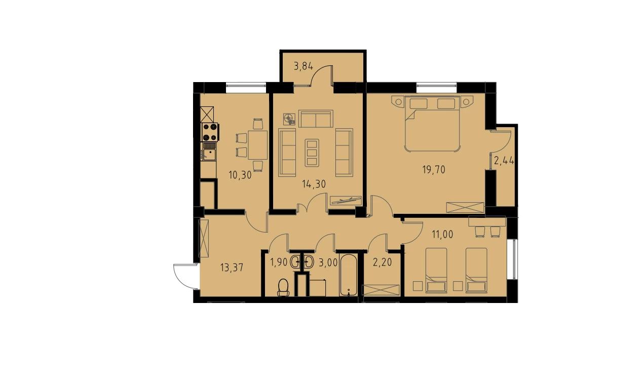 3-комн. квартира 77.65 м²  3/9 этаж | Жилой комплекс MINGCHINOR