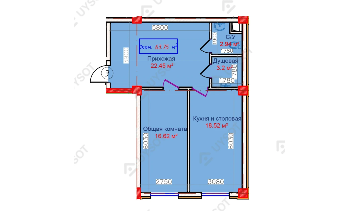 1-xonali xonadon 63.75 m²  1/9 qavat | QASHQADARYO Turar-joy majmuasi