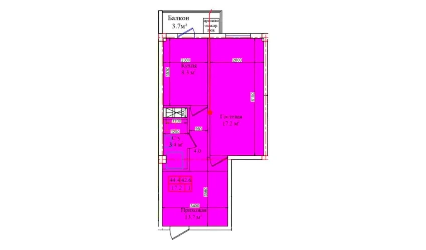 1-комнатная квартира 44.4 м²  6/9 этаж | Жилой комплекс CHIRCHIQ CITY