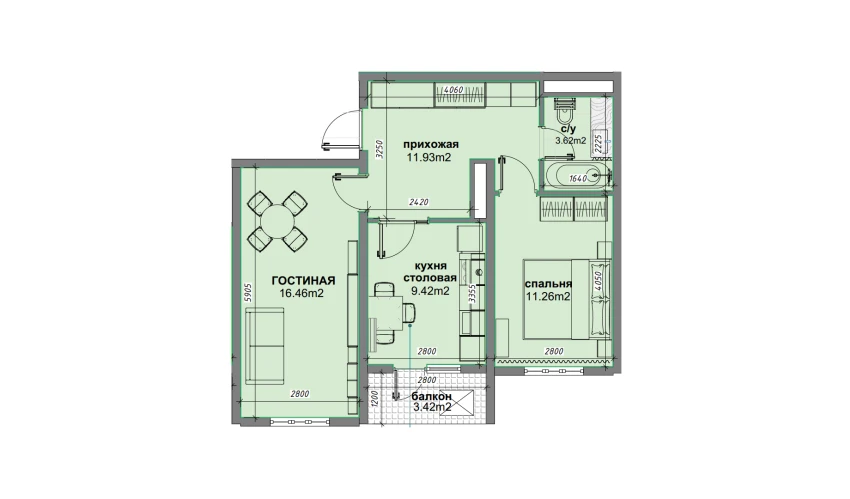 2-комнатная квартира 54.4 м²  15/16 этаж | Жилой комплекс BASHKENT