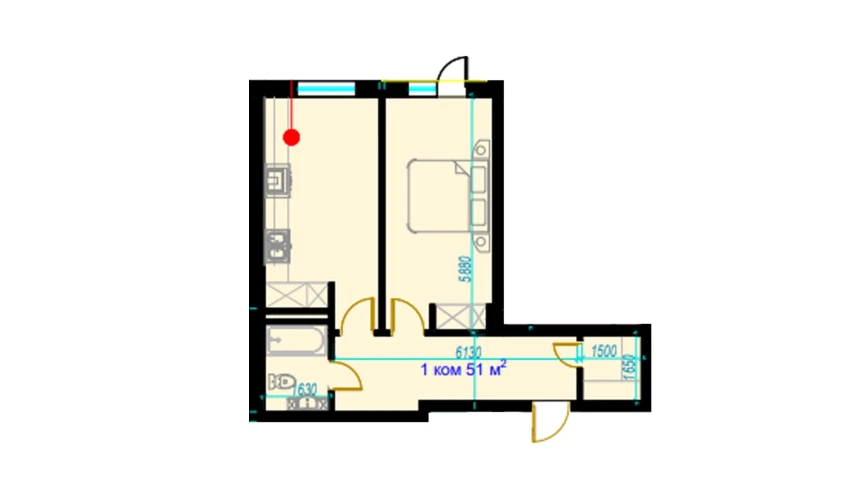 1-xonali xonadon 51 m²  5/9 qavat | Rohat Turar-joy majmuasi