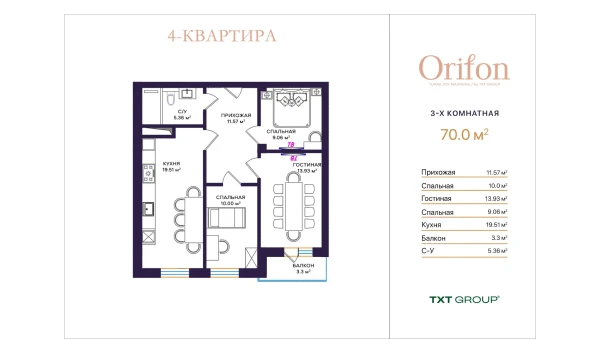 3-комнатная квартира 70 м²  9/10 этаж | Жилой комплекс ORIFON