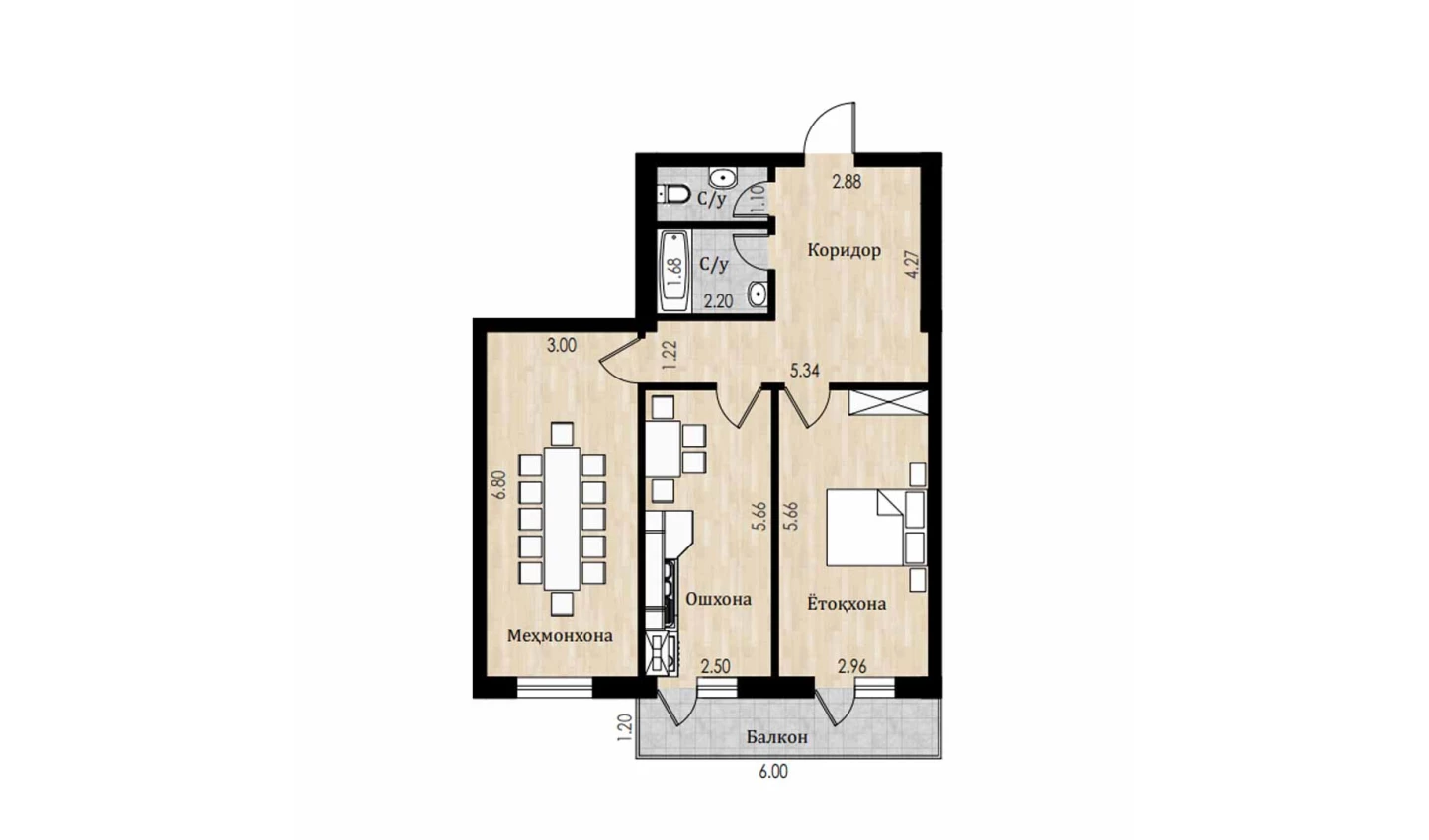 2-xonali xonadon 83.8 m²  4/8 qavat | Mustaqillik Avenue Turar-joy majmuasi