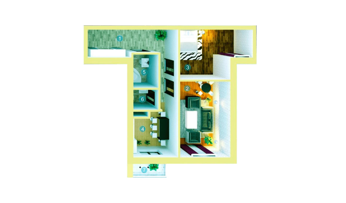 2-xonali xonadon 57.61 m²  4/9 qavat | ZAR ZAMONAVIY UYLAR Turar-joy majmuasi