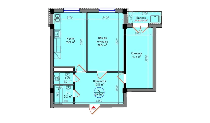 2-комнатная квартира 69 м²  10/12 этаж | Жилой комплекс Zamin Jizzax