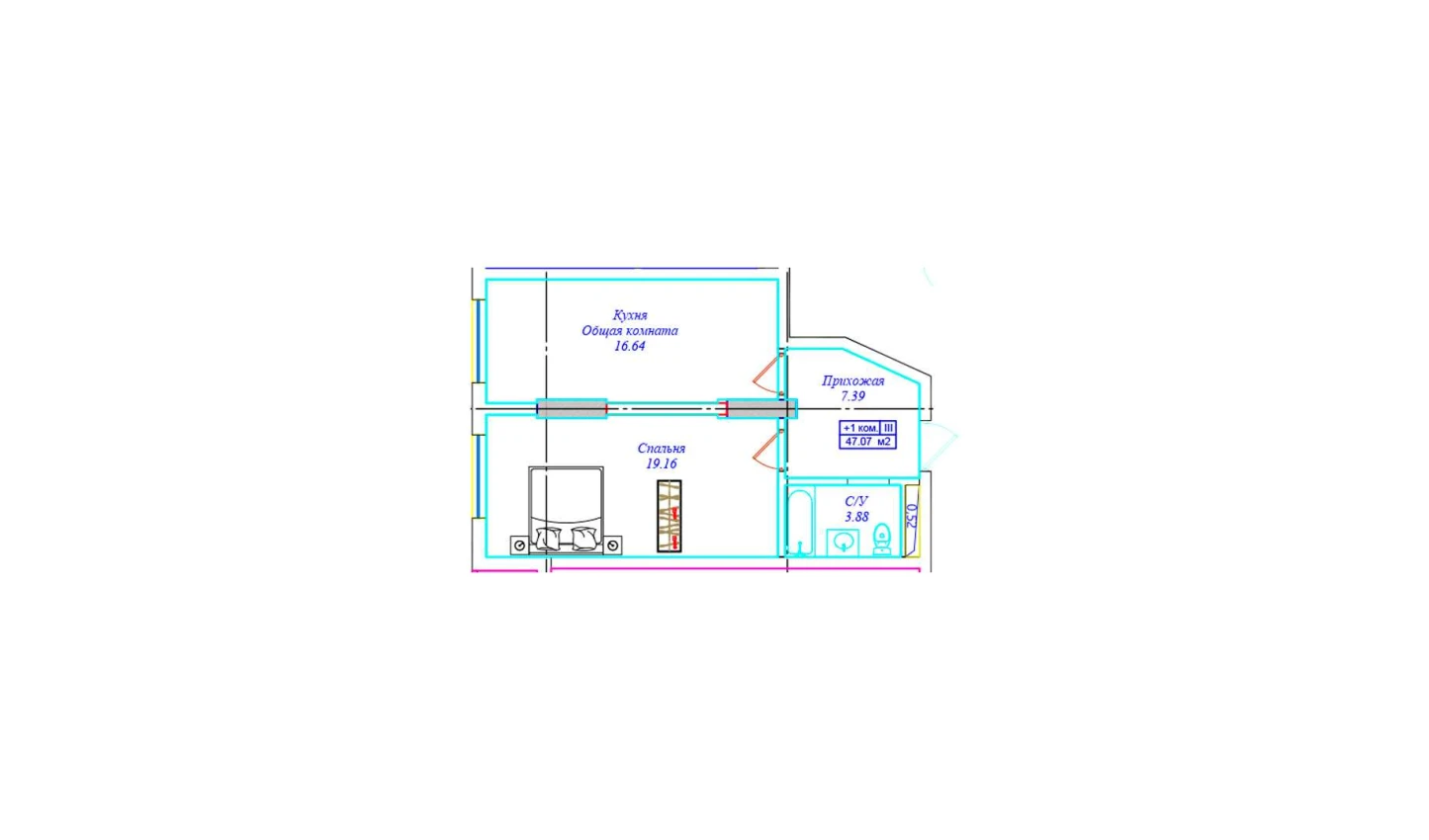 1-xonali xonadon 47.07 m²  13/17 qavat | UCHTEPA CITY Turar-joy majmuasi