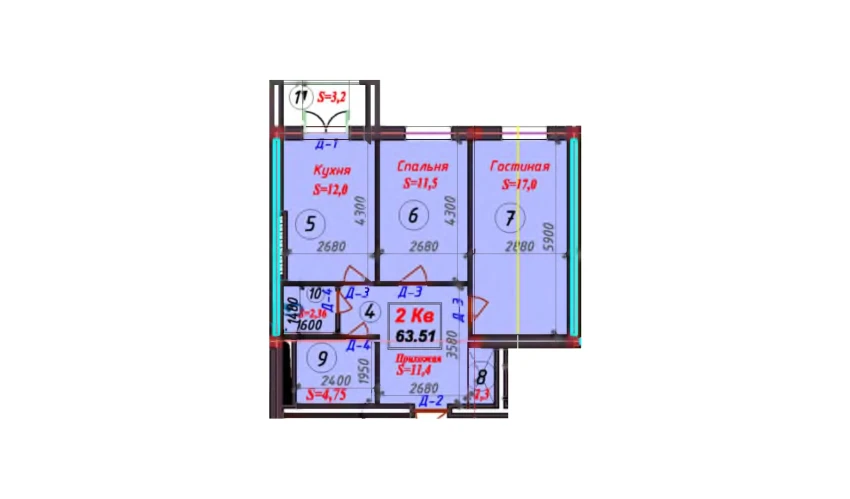 2-xonali xonadon 63.61 m²  6/9 qavat | SAMARQAND CITY Turar-joy majmuasi