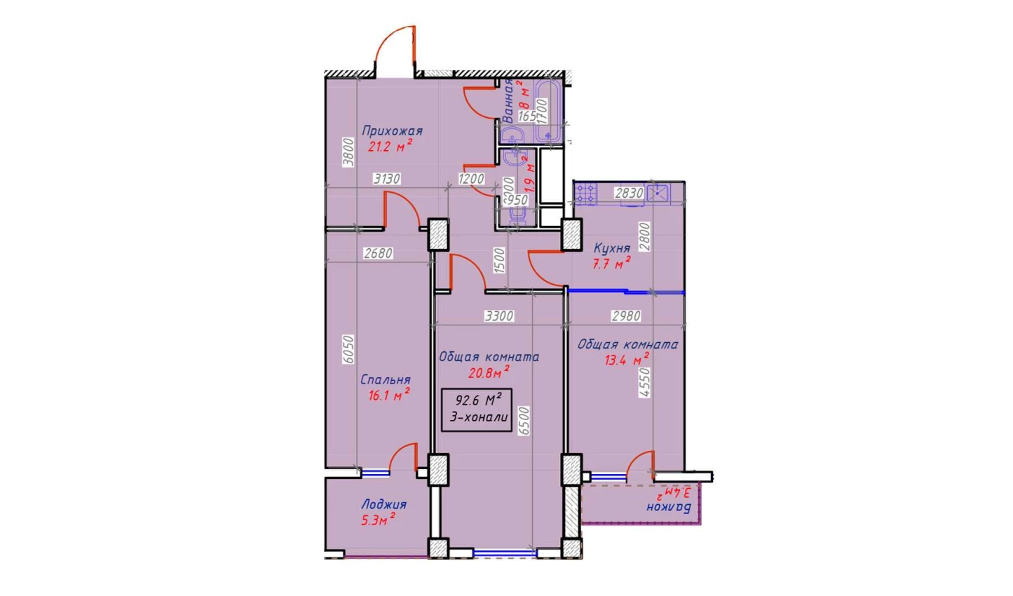 3-комн. квартира 92.6 м²  9/16 этаж | Жилой комплекс Sam House (Qora Suv)