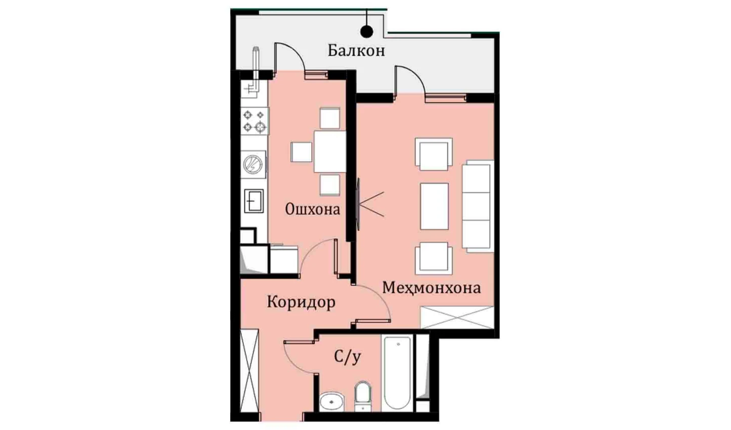 1-xonali xonadon 36.03 m²  14/16 qavat | SOKIN DIYOR Turar-joy majmuasi
