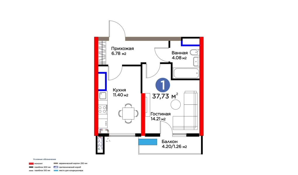 1-комн. квартира 37.73 м²  3/16 этаж | Жилой комплекс BI SAN'AT