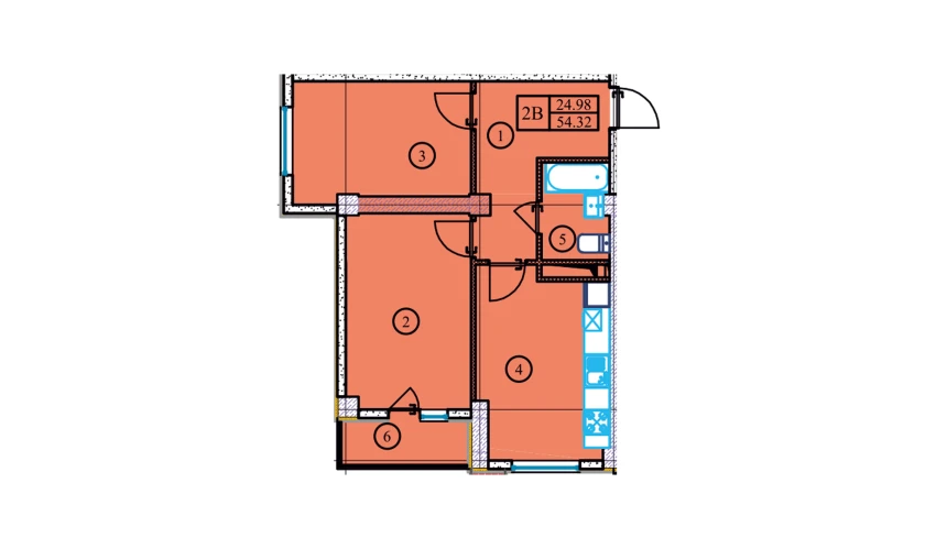 2-xonali xonadon 54.32 m²  6/9 qavat | YANGI O'ZBEKISTON Turar-joy majmuasi