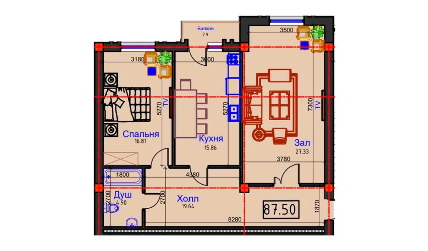 2-xonali xonadon 87.5 m²  8/9 qavat | BAHOR Turar-joy majmuasi