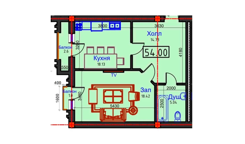 1-комнатная квартира 54 м²  5/7 этаж | Жилой комплекс BAHOR