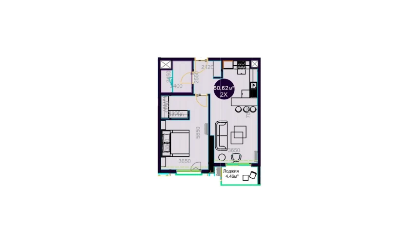 2-комнатная квартира 60.62 м²  10/19 этаж | Жилой комплекс Central Avenue