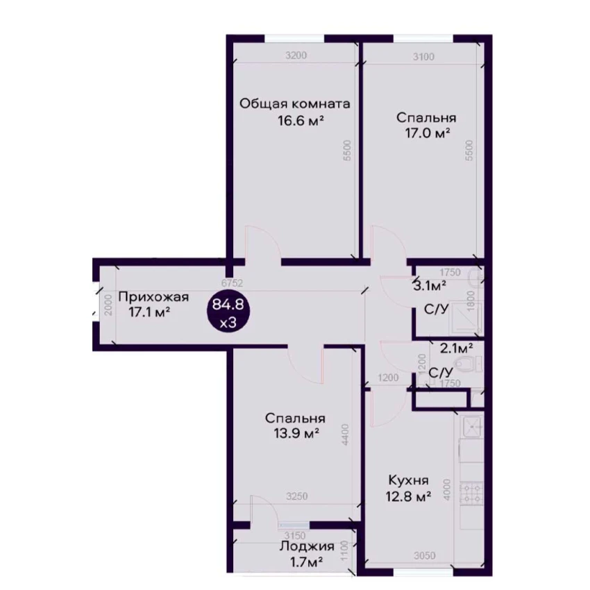 3-xonali xonadon 84.3 m²  7/9 qavat | SOHIL BO'YI ANDIJON Turar-joy majmuasi