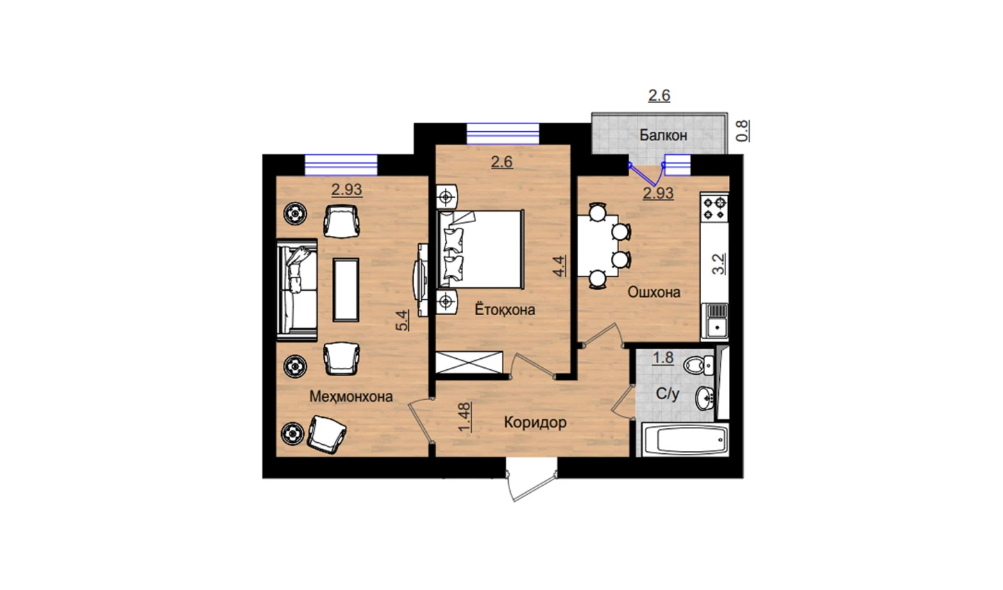 2-xonali xonadon 55.78 m²  2/5 qavat | QIZILTEPA Turar-joy majmuasi