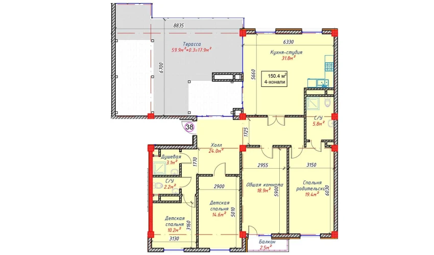 4-xonali xonadon 210.3 m²  8/8 qavat | SOHIL 1 Turar-joy majmuasi