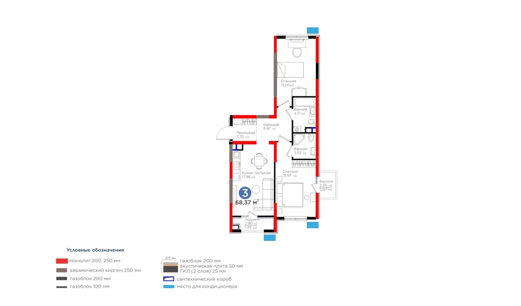 3-комн. квартира 68.37 м²  4/9 этаж | Жилой комплекс BI Sad'O