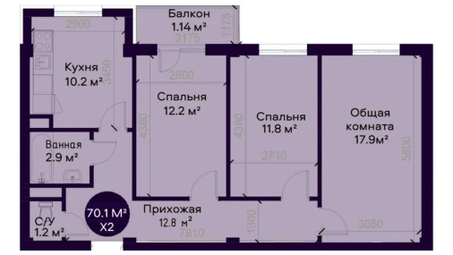 3-xonali xonadon 70.1 m²  4/7 qavat | YAQINLAR Turar-joy majmuasi