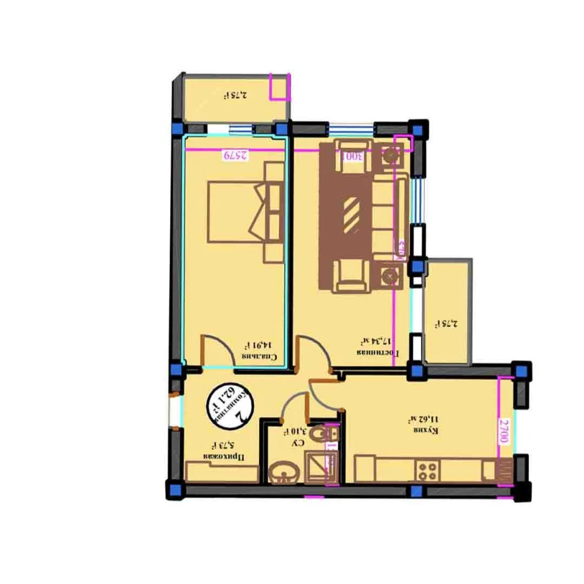 2-комн. квартира 62.1 м²  6/11 этаж | Жилой комплекс ANHOR AVENUE
