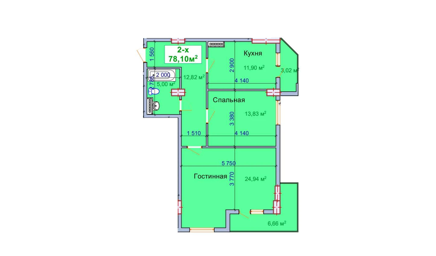 2-комн. квартира 78.1 м²  4/9 этаж | Жилой комплекс SHAYX-UL OLAM