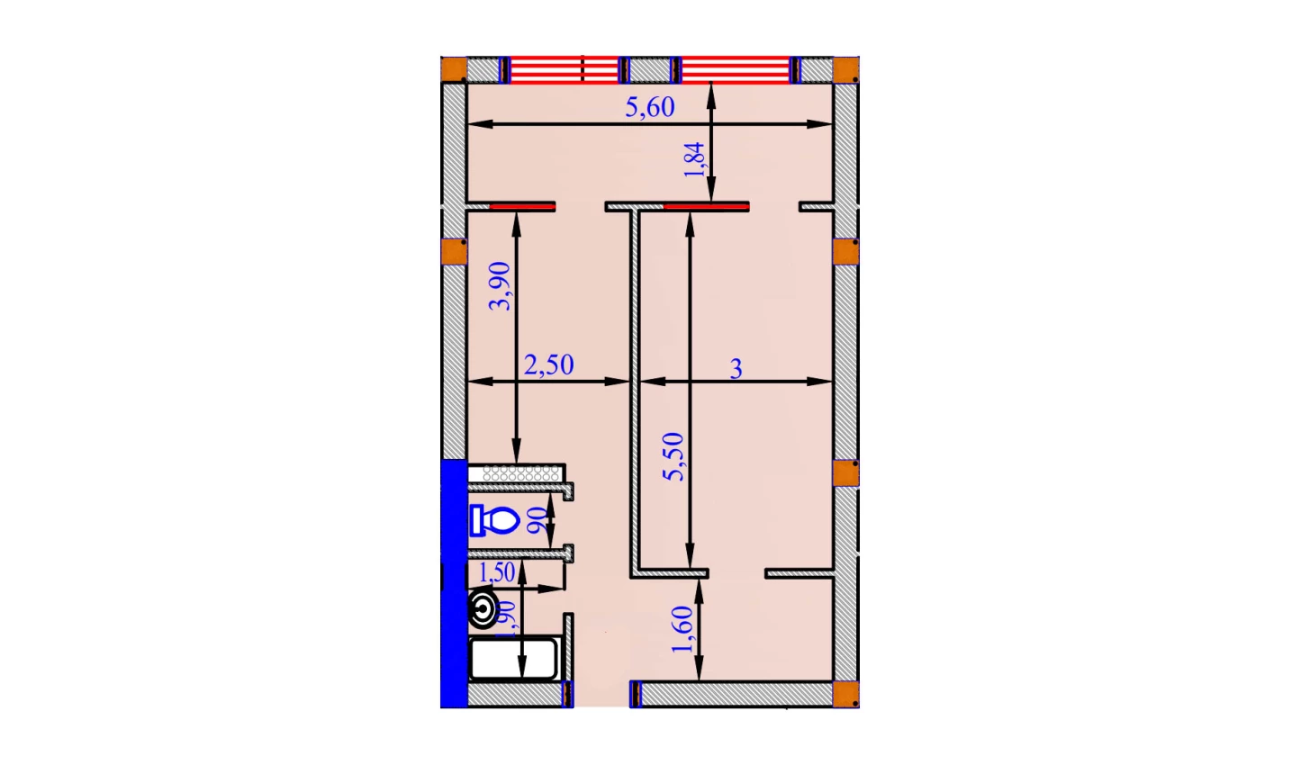 1-xonali xonadon 57.4 m²  7/9 qavat | SHOHSAROY Turar-joy majmuasi