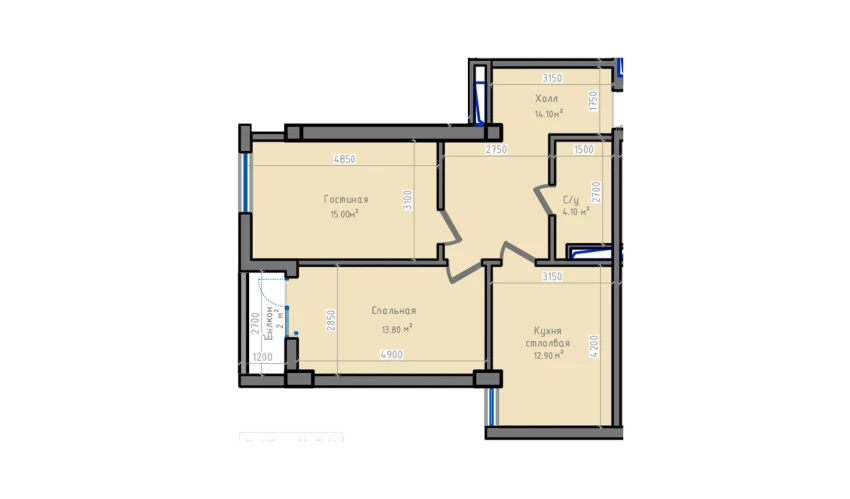 2-xonali xonadon 66.8 m²  4/13 qavat | ORZU SAROYI Turar-joy majmuasi
