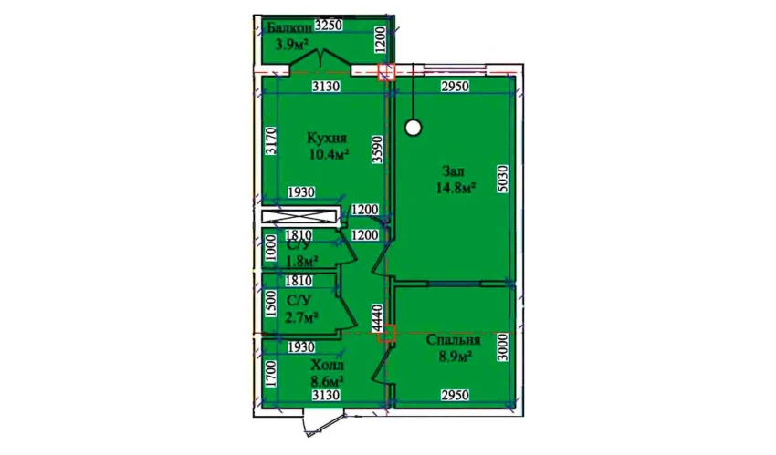 2-xonali xonadon 50.7 m²  9/9 qavat | CHIRCHIQ CITY Turar-joy majmuasi