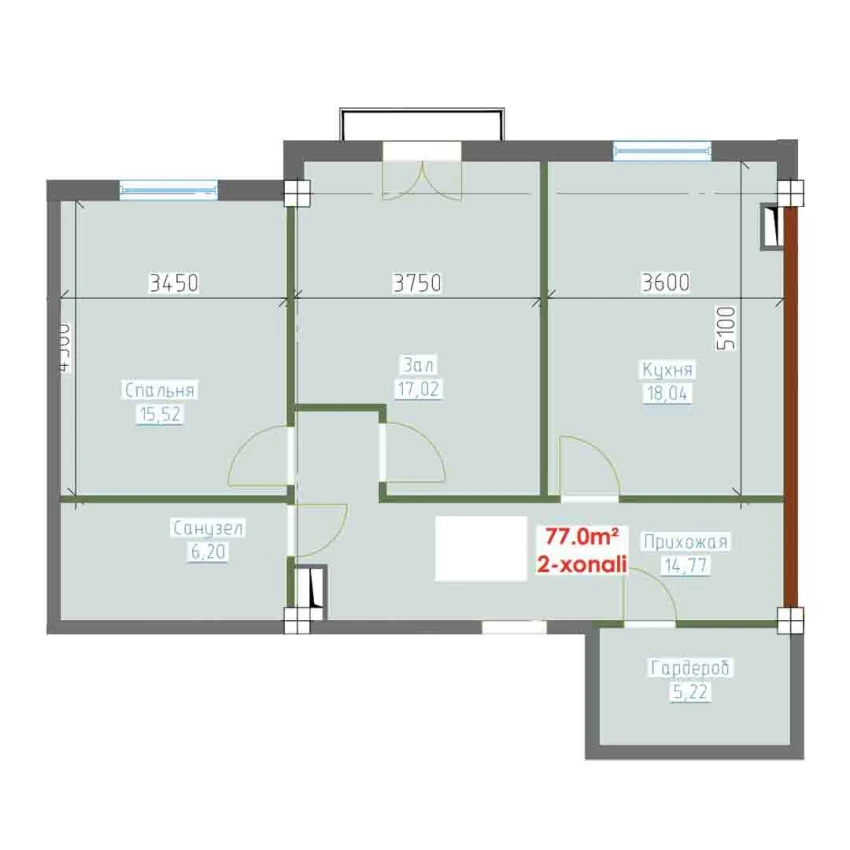 2-xonali xonadon 77 m²  5/9 qavat | YANGI AVLOD Turar-joy majmuasi