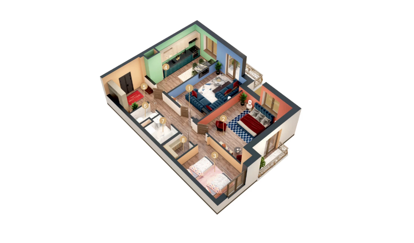 3-xonali xonadon 82.19 m²  2/9 qavat | MINGCHINOR Turar-joy majmuasi