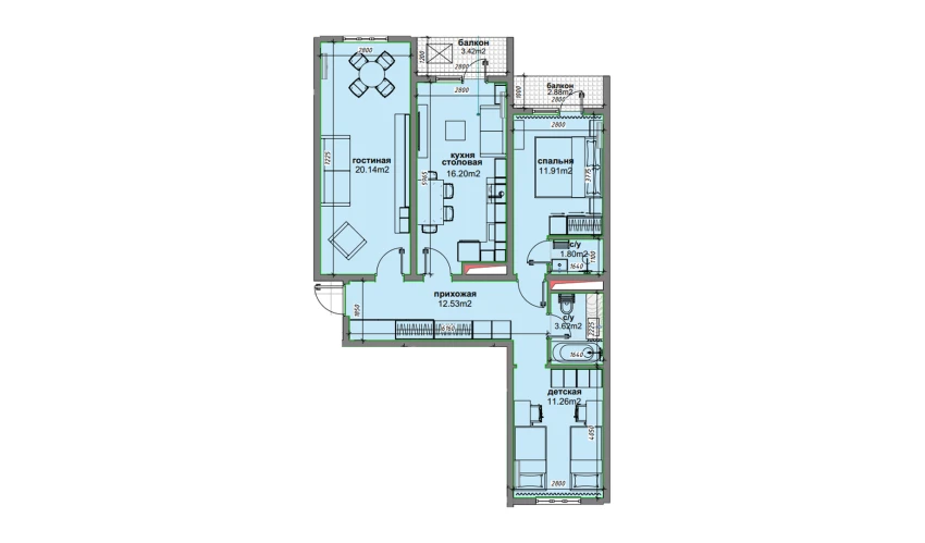 3-xonali xonadon 80.61 m²  11/16 qavat | BASHKENT Turar-joy majmuasi