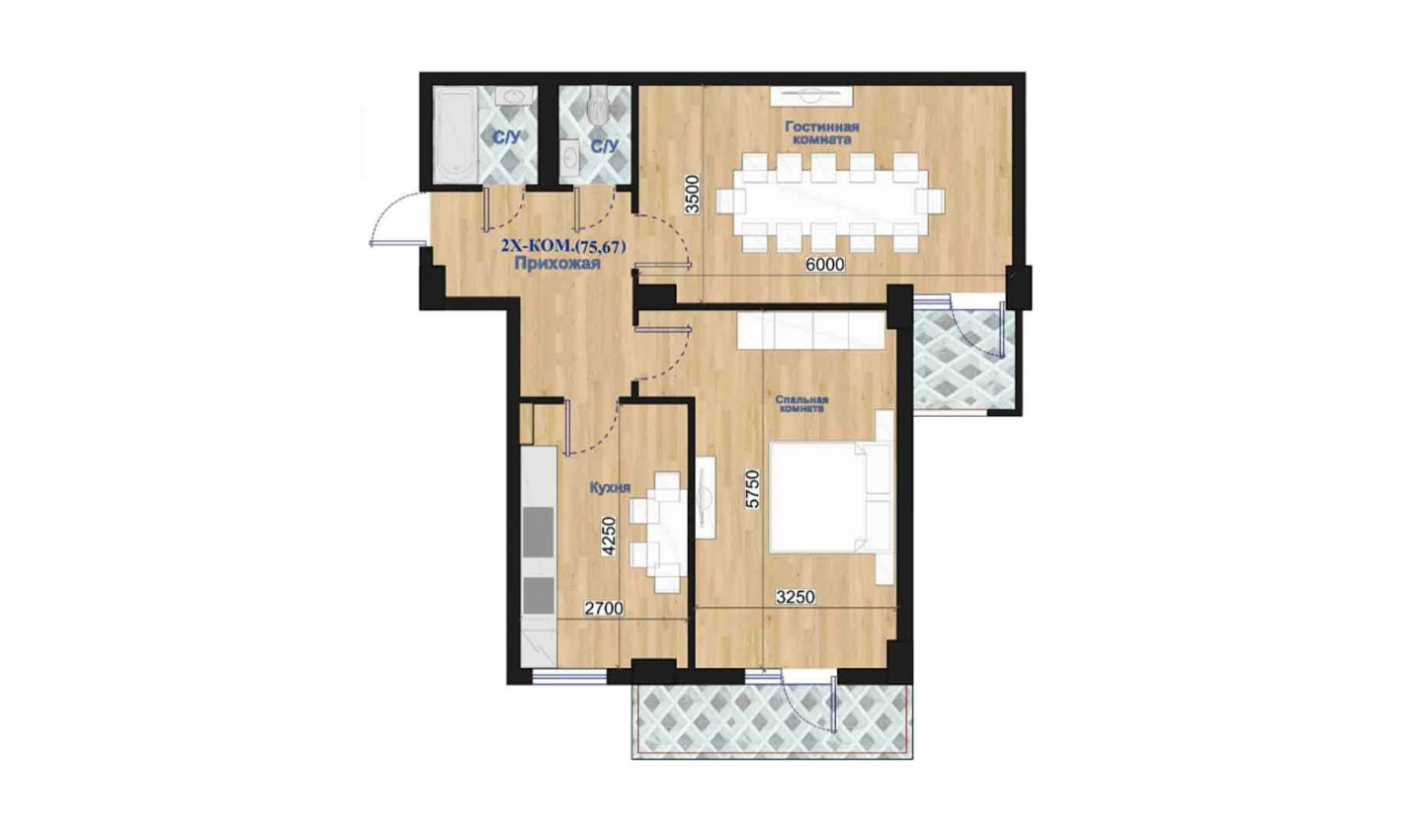 2-xonali xonadon 75.67 m²  2/7 qavat | O'ZBEGIM Turar-joy majmuasi