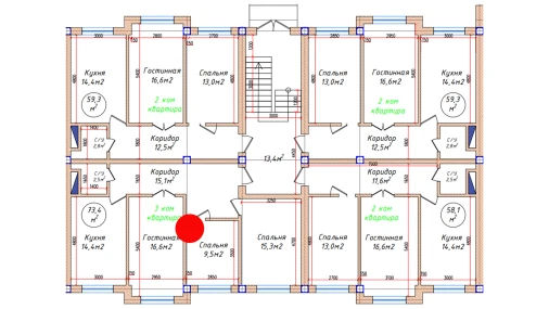 3-комнатная квартира 73.4 м²  1/5 этаж | Жилой комплекс Oq mahalla