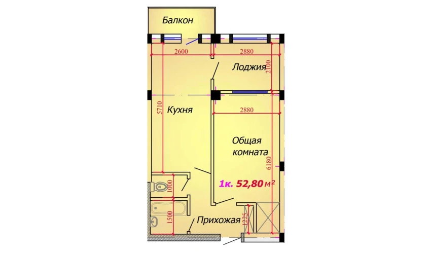 1-xonali xonadon 52.8 m²  2/9 qavat | VATAN Turar-joy majmuasi