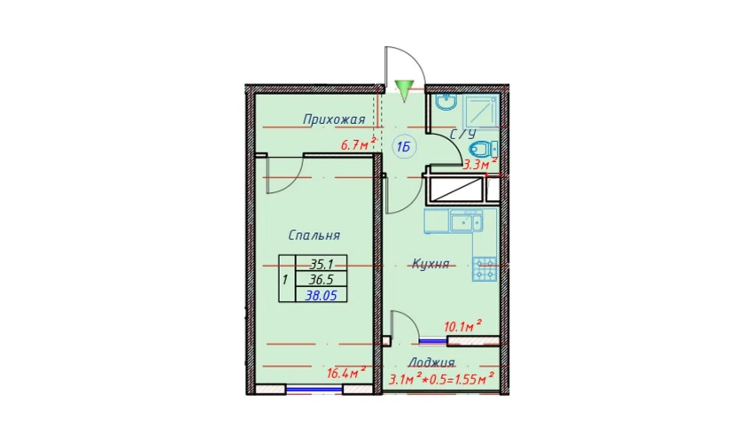 1-комнатная квартира 38.05 м²  16/16 этаж | Жилой комплекс TRINITY