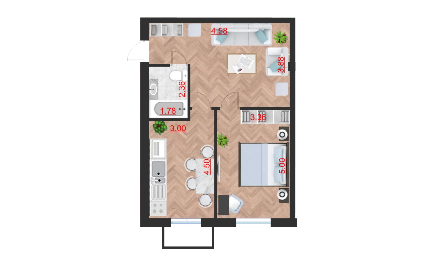 1-xonali xonadon 58.74 m²  2/10 qavat | Ko'kcha-Oqtepa Turar-joy majmuasi