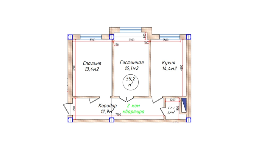 2-комнатная квартира 59.2 м²  1/5 этаж | Жилой комплекс Oq mahalla