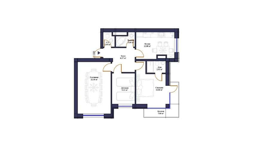 3-xonali xonadon 82.5 m²  8/10 qavat | KAMALAK Turar-joy majmuasi