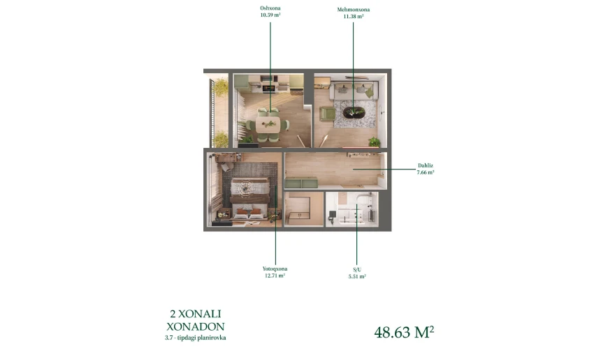 2-комнатная квартира 48.63 м²  7/16 этаж | Жилой комплекс BASHKENT