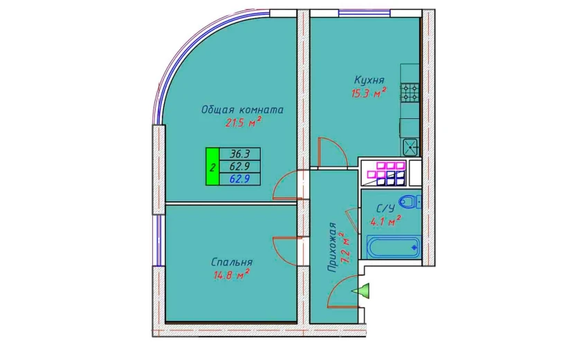 2-xonali xonadon 62.9 m²  9/30 qavat | ECO TOWER Turar-joy majmuasi