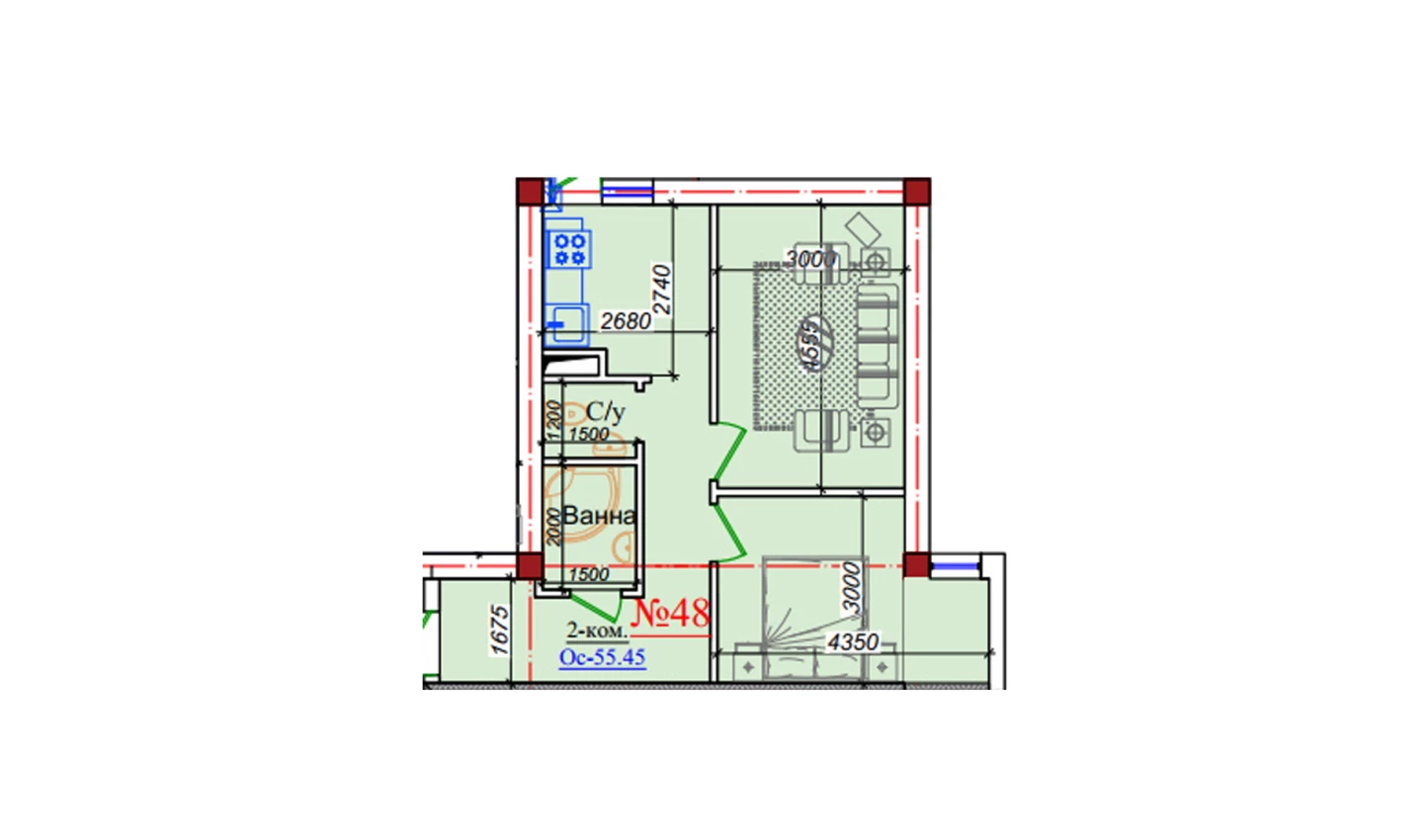 2-комн. квартира 55.45 м²  8/9 этаж | Жилой комплекс ZAR ZAMONAVIY UYLAR