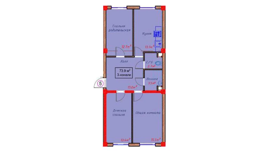 3-комнатная квартира 73.9 м²  1/9 этаж | Жилой комплекс Orzular