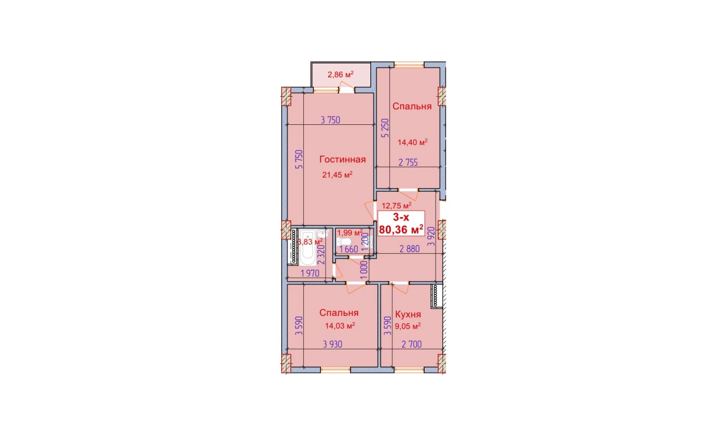 3-комн. квартира 80.36 м²  8/9 этаж | Жилой комплекс SHAYX-UL OLAM